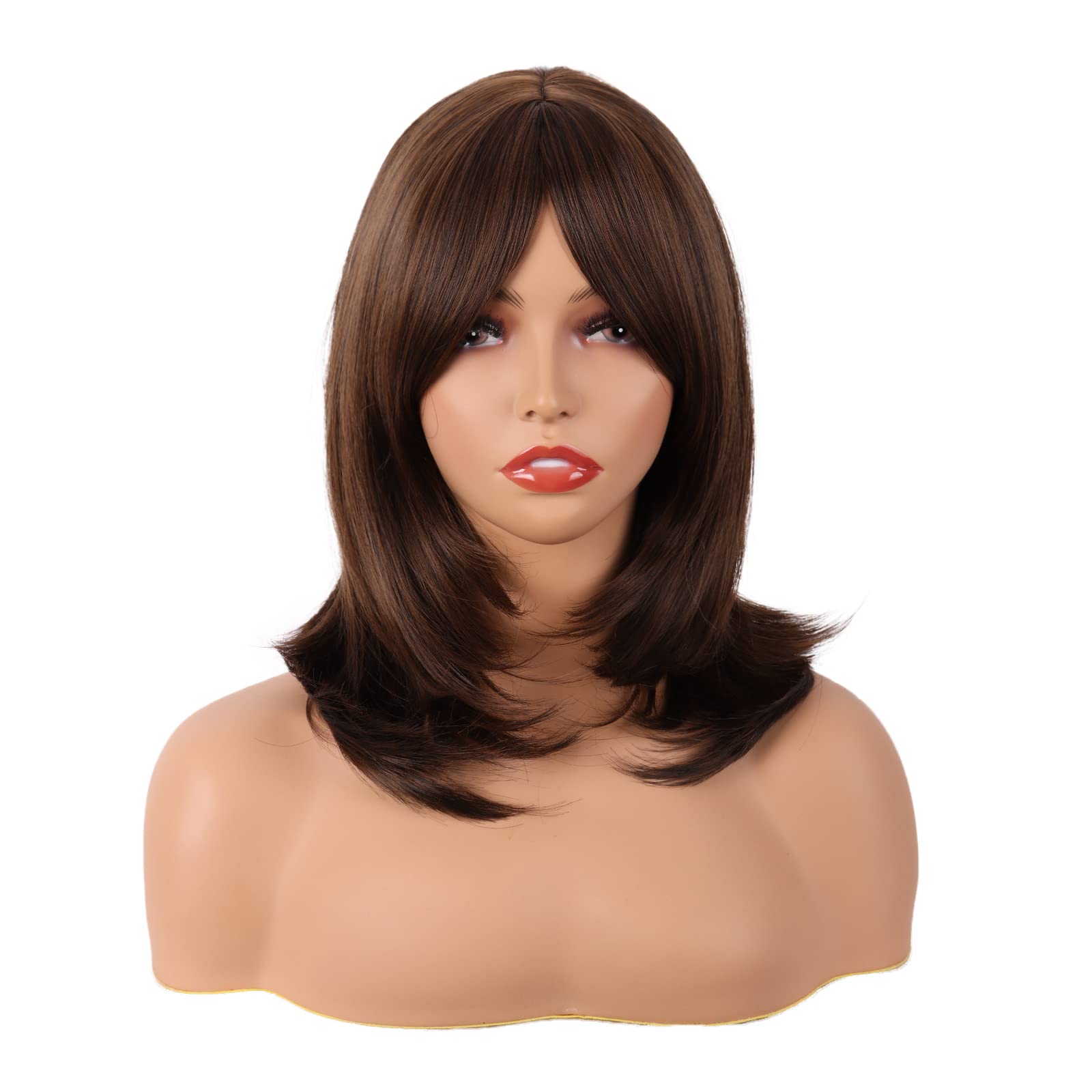 MapofBeauty 18 Inch/45 cm Layered Bangs Straight Synthetic Fiber Shoulder Length Hair Daily Use Wig (Brown)