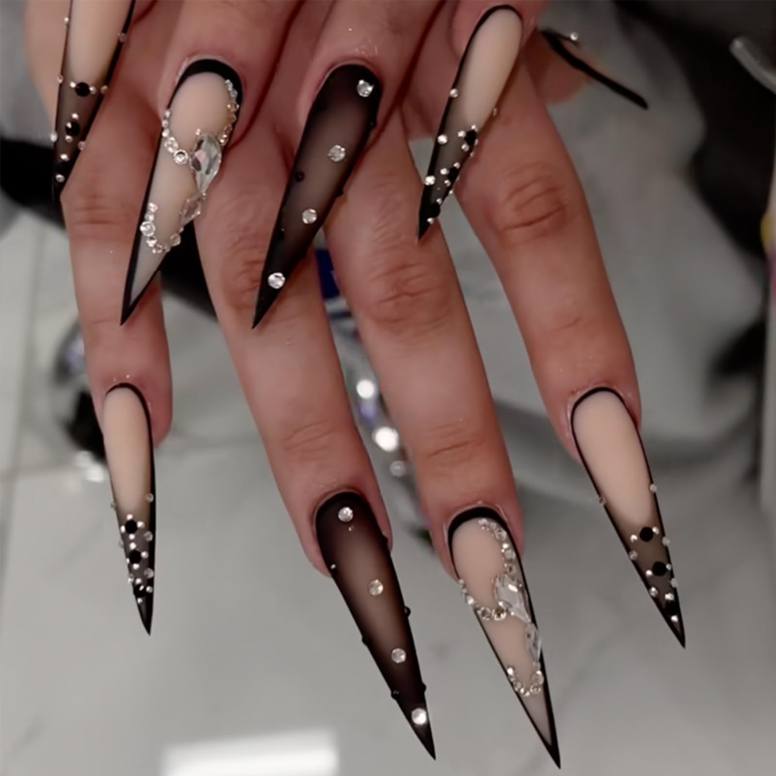 Brown Luxury Press On Nails - Long Stiletto Pointed Fake Nails with French Tips, Rhinestones, Sharp Goth Black Ombre Acrylic Designs, Glossy Glue On Nails for Women - 24Pcs