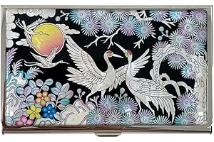NACREH Mother of Pearl Business Card Case Credit Id Name Holder Travel Wallet Art Painting Design Metal Stainless Steel Engraved Slim Purse Pocket Cash Money Wallet (Crane)