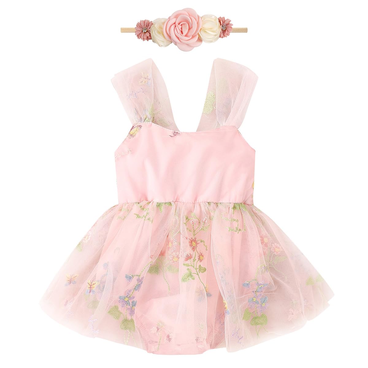 Photo 1 of Infant Wedding Dress Baby Girl Fairy Tulle Romper Flower Embroidery Princess One-Piece Bodysuit with Headband One Year Old Birthday Party Cake Smash Outfit Newborn Photo Shooting Pink 9-12 Months