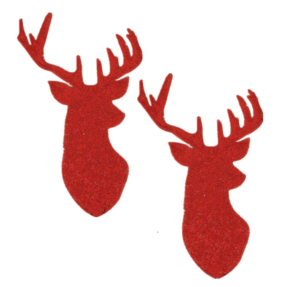 2 Pack Jumbo Christmas Deer Head Iron on Patches Sew on Embroidered Patch Sequin Appliques for DIY Motif Family Xmas Tops Home Decor (Red)