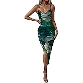 GORGLITTER Women's Mesh Ruched Bodycon Birthday Midi Dress Tie Dye Asymmetrical Party Going Out Wedding Guest Dresses