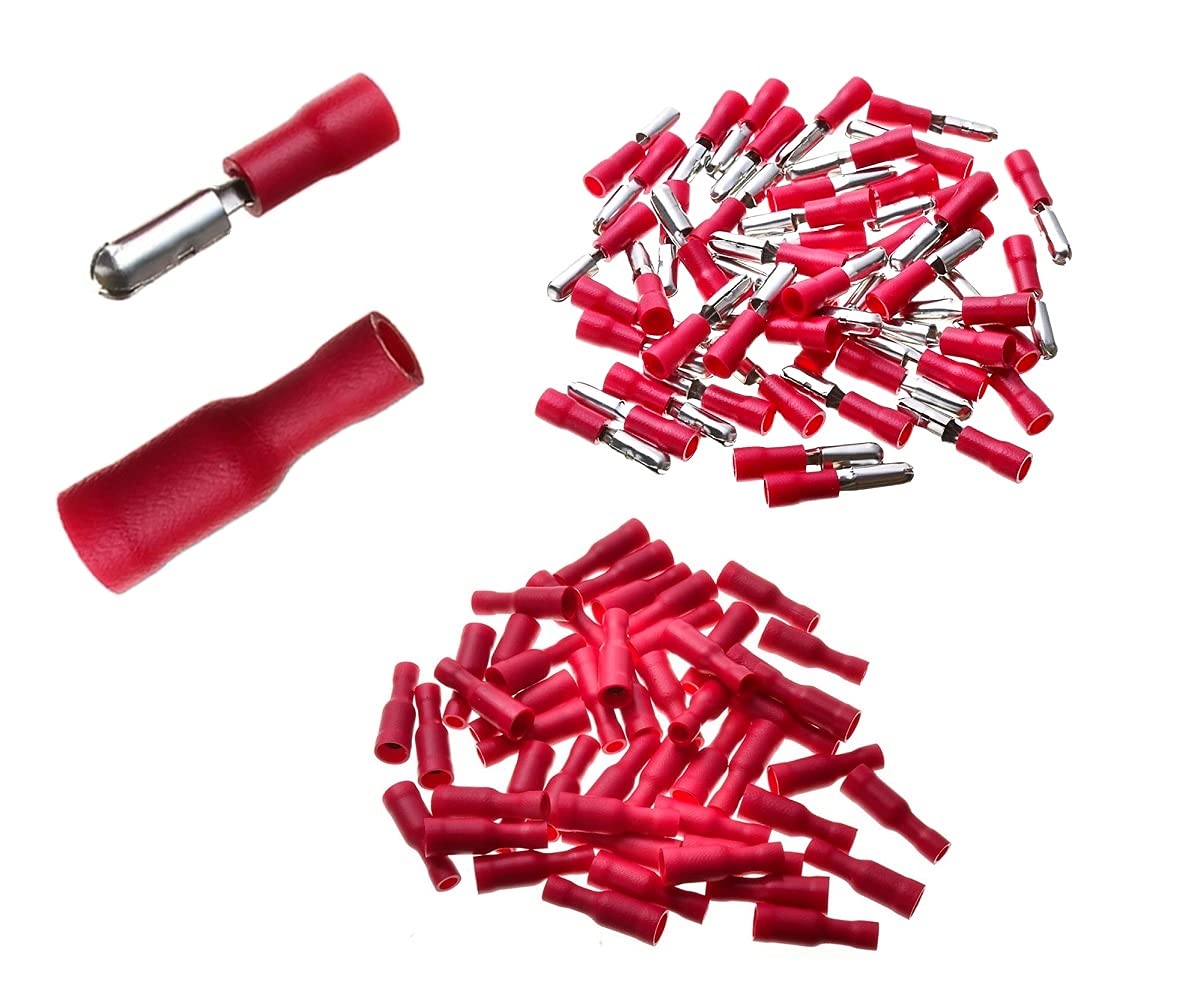 Shentian Terminal Lugs x 100 - Red Round Plugs x 50 / Red Contact Sleeves x 50 - Crimp Connectors, Insulated – For Car, Electronics and Hobby