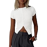 Imily Bela Womens Short Sleeve Sweater Tops Summer Button Down Casual Ribbed Knit Slim Fit Cropped Cardigan Shirts