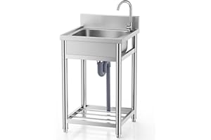 CHIEFINCH Stainless Steel Utility Sink Free Standing Laundry Sinks with Large Single Bowl & Cold and Hot Water Pipe, Stainless Sink for Kitchen, Laundry Room, Outdoor, Hand Washing Station (22''L x 22''W)
