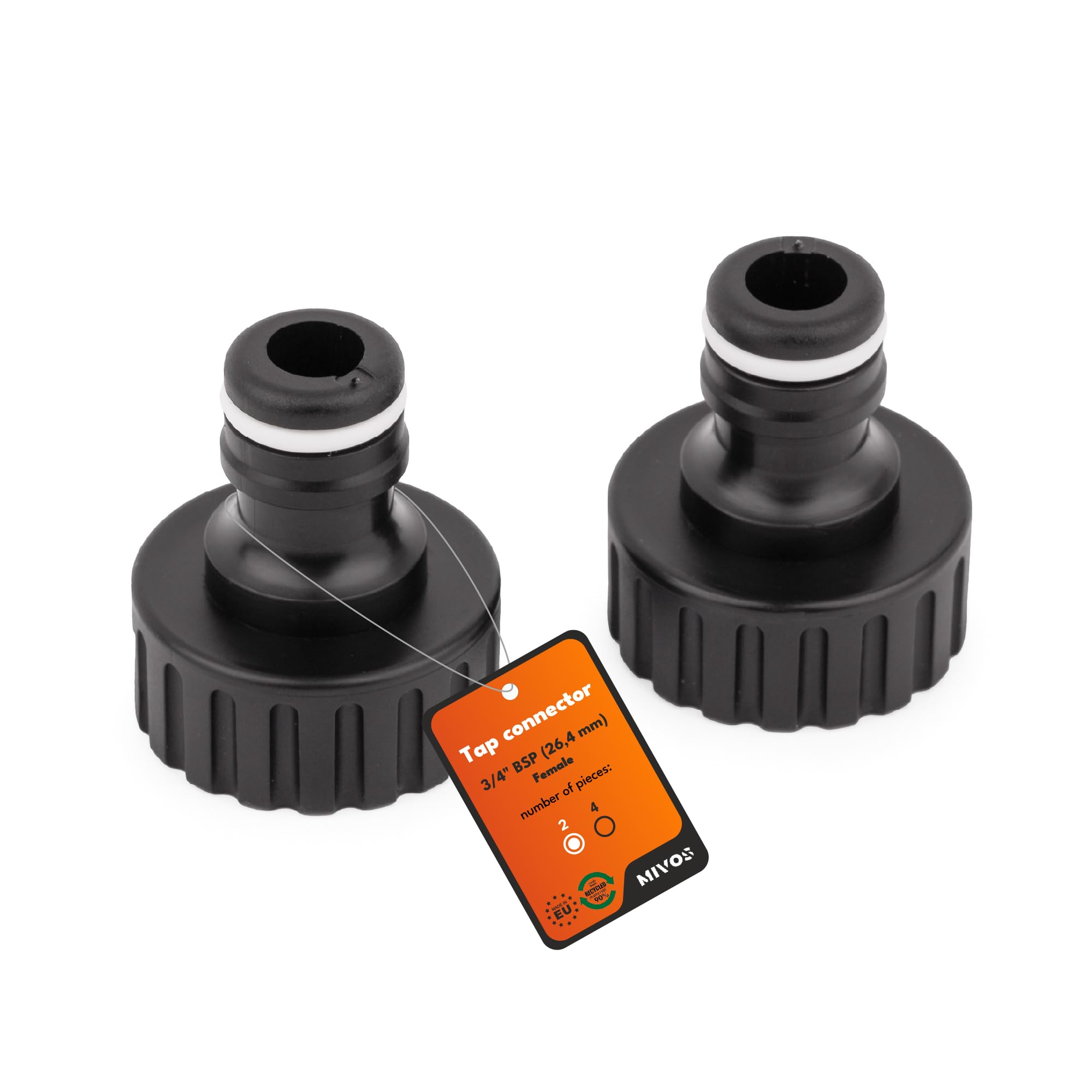 Mivos 2 x Tap Connector for Taps with 3/4 Inch BSP (26.4 mm) Male Thread - Tap Connector with Quick Coupling for Garden Hose - Made from 90% Recycled Plastic