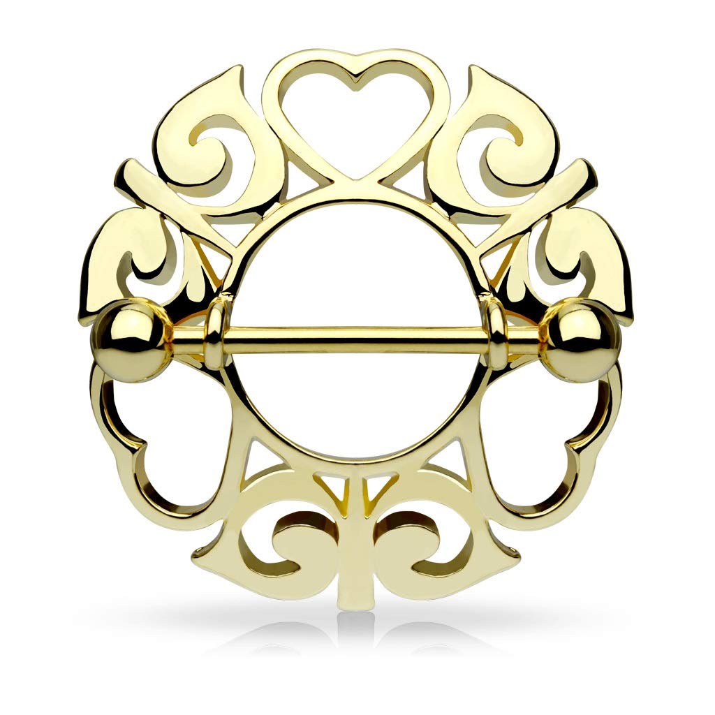PiercedOff 316L Surgical Steel Nipple Shield with Hollow Tribal Hearts - Thickness 14GA (1.6mm) / Length 19mm / Ball Size 5mm