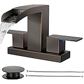 Cobbe Waterfall Bathroom Faucets 3 Hole, Oil Rubbed Bronze Bathroom Sink Faucet Square 4 Inch Centerset with Pop-Up Drain, 2 Handle and 2 Supply Hoses, Lead-Free Stainless Steel for Vanity Sink Rv