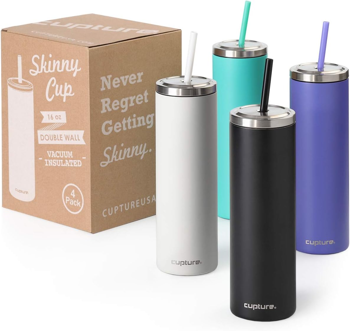 Cupture Stainless Steel Skinny Insulated Tumbler Cup with Lid and Reusable Straw - 16 oz (Assorted Colors)