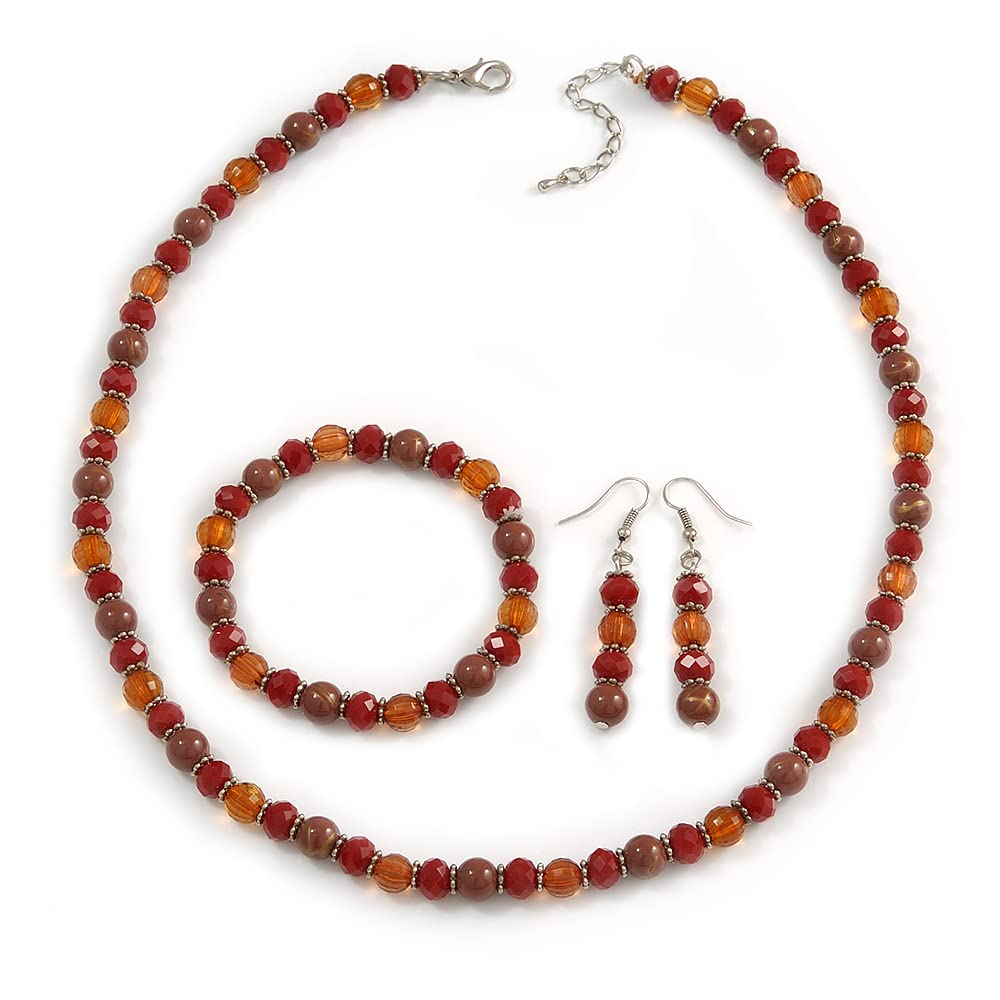 Avalaya Chocolate/Amber Glass/Ceramic Bead with Silver Tone Spacers Necklace/Earrings/Bracelet Set - 48cm L/ 7cm Ext