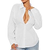 Women's Button Down Shirt Long Sleeve Blouse with Adjustable Side Buttons, Classic Work & Casual Top
