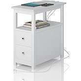 Sandinrayli End Table with Charging Station, Side Table with 2 Drawer & USB Ports & Power Outlets, Nightstand for Small Spaces, Bedside Tables for Living Room White