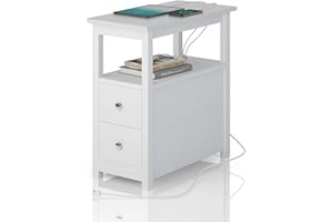 Sandinrayli End Table with Charging Station, Side Table with 2 Drawer & USB Ports & Power Outlets, Nightstand for Small Spaces, Bedside Tables for Living Room White