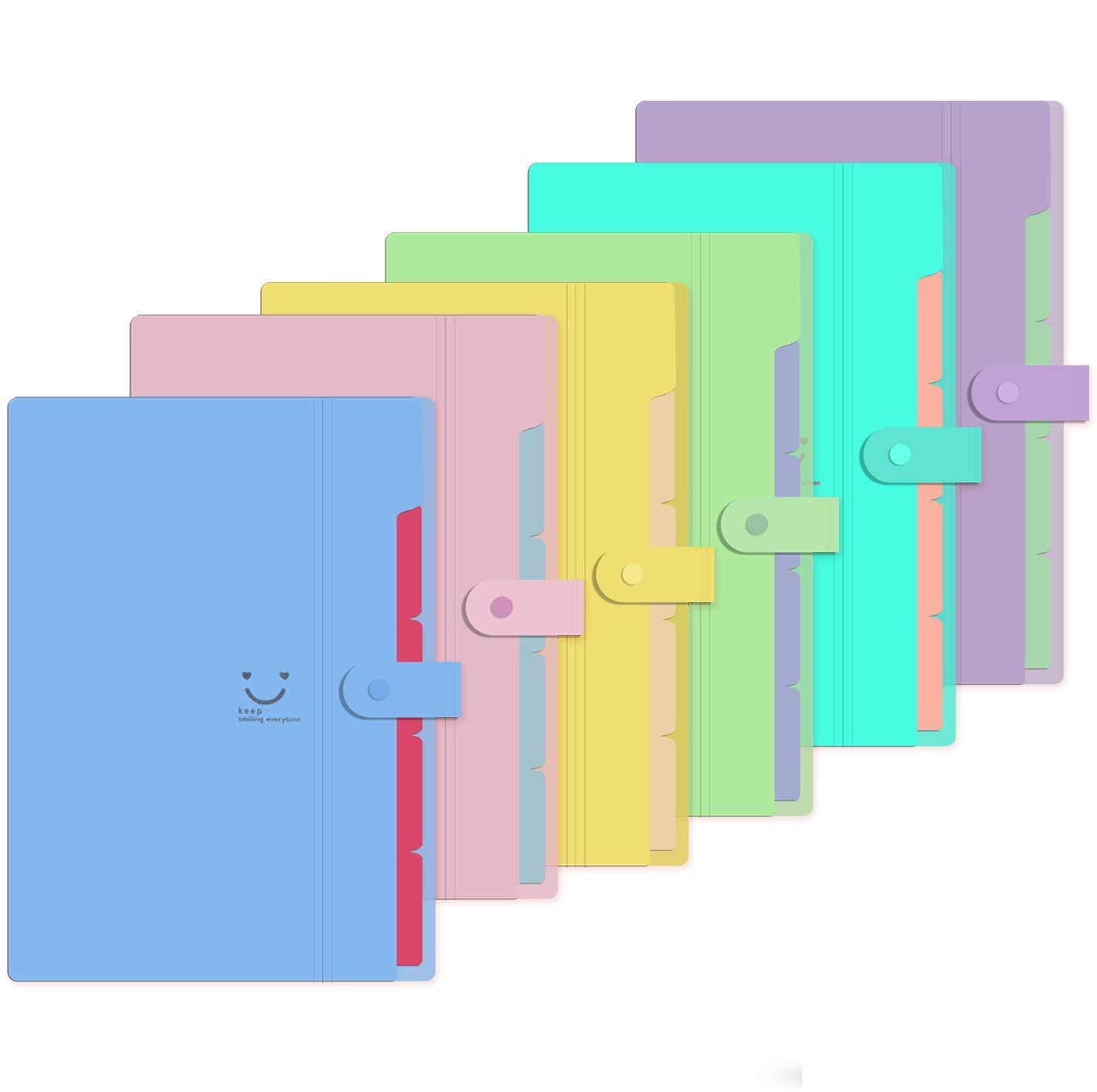 Dproptel 6 Pack Plastic Expanding File Folder A4 Letter Size Accordion Document Organizer,5-Pockets, Snap Closure,School and Office Use (6 Pack 6 Colors)