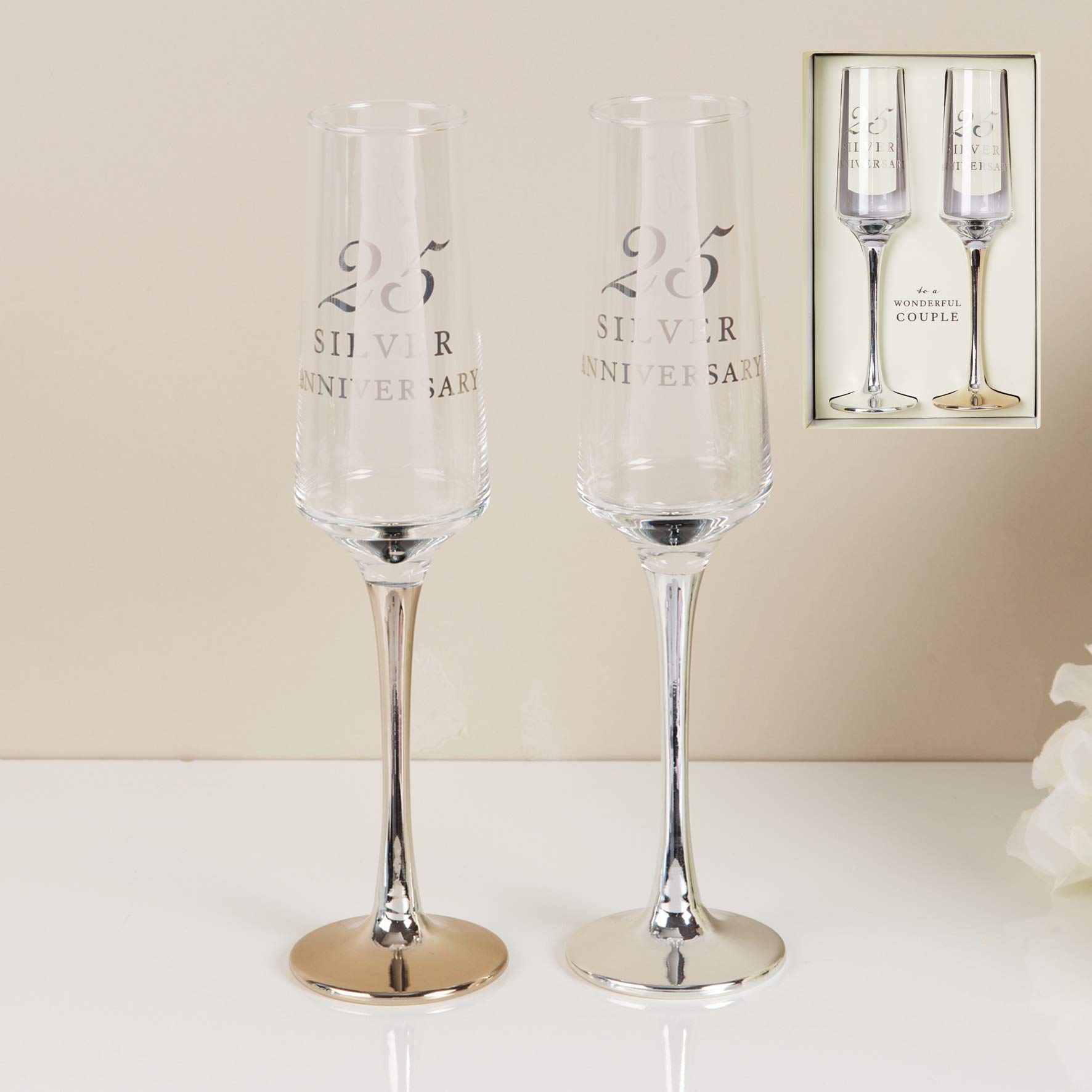 CC Personalised Amore Set of 2 Silver 25th Wedding Anniversary Straight Champagne Flutes with silver stems - Add Your Own Message (Not Personalised)