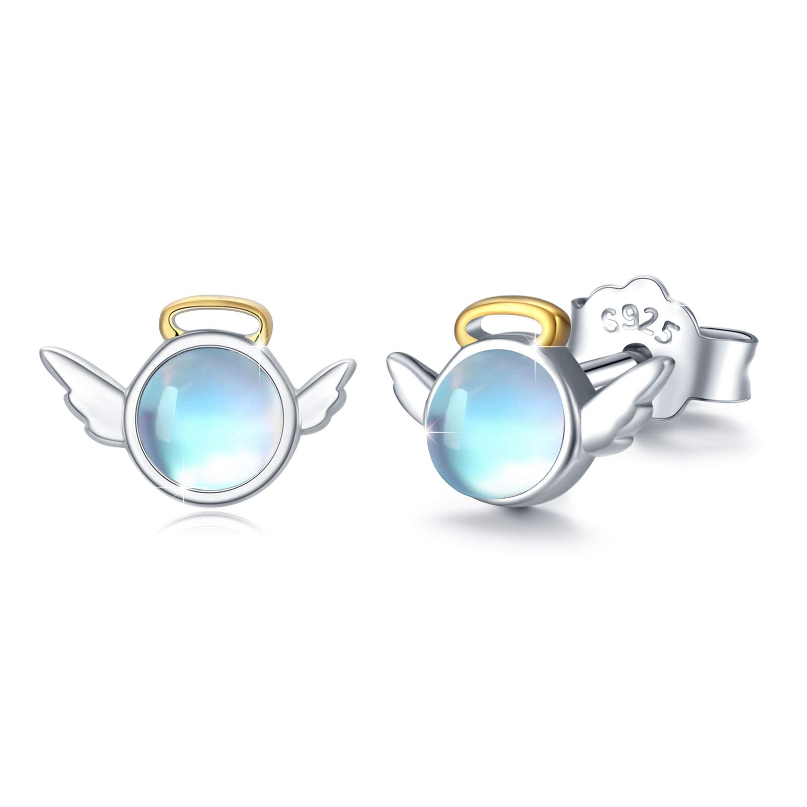 CUOKA MIRACLE Moonstone Angel Earrings 925 Sterling Silver Guardian Angel Earrings for Girl Rainbow Moonstone Stud Earrings for Women Kids
