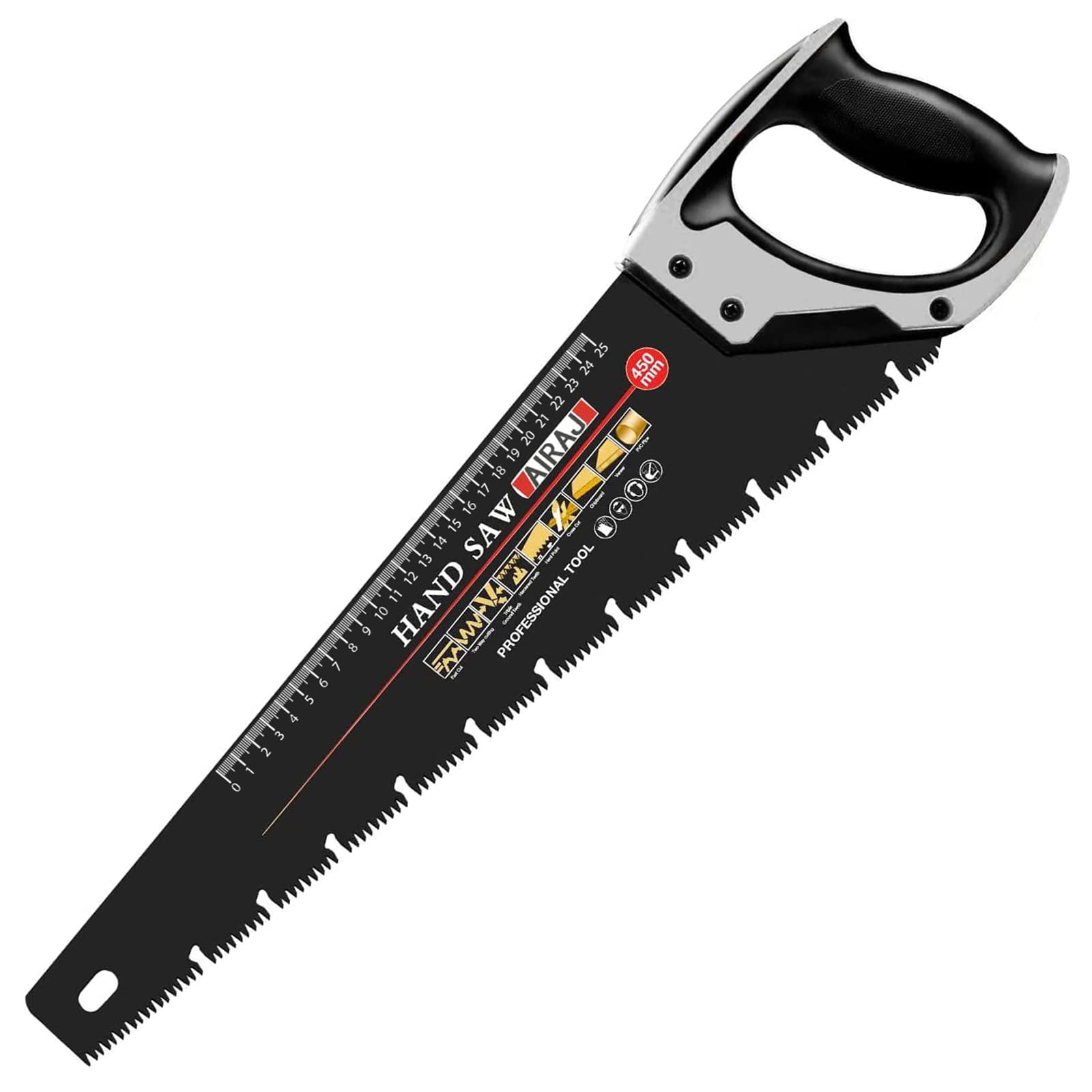 AIRAJ 450MM Hand Saw, Fine Cutting Heavy Duty Pruning Saw, Unique Ω Type Chip Flutes, Comfortable Non-Slip Handle, Professional Pruning Saw for Sawing, Pruning, Trimming Gardening