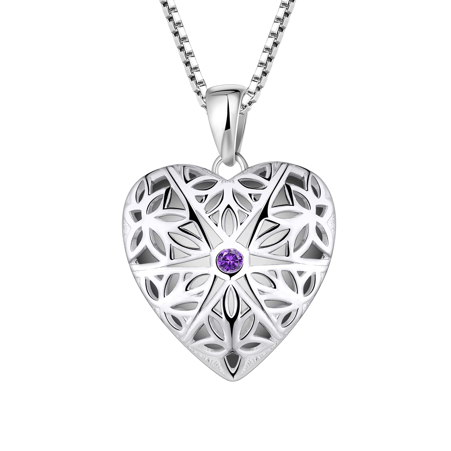 FJ Heart Photo Locket Necklace 925 Sterling Silver Personalised Picture Memory Locket Pendant Necklace Amethyst Vintage Jewellery Gifts for Women Ladies Girls