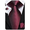 Hi-Tie Mens Plaid Ties Classic Paisley Necktie with Handkerchief Cufflinks Set Business Stripe Tie
