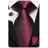 Hi-Tie Mens Plaid Ties Classic Paisley Necktie with Handkerchief Cufflinks Set Business Stripe Tie