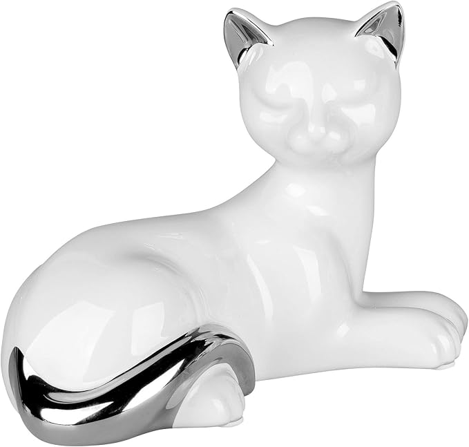 Lifestyle More Sculpture Moderne Deco Figurine Chat Couche En Ceramique Blanche Et Argent 18x14 Cm Amazon Fr Cuisine Maison
