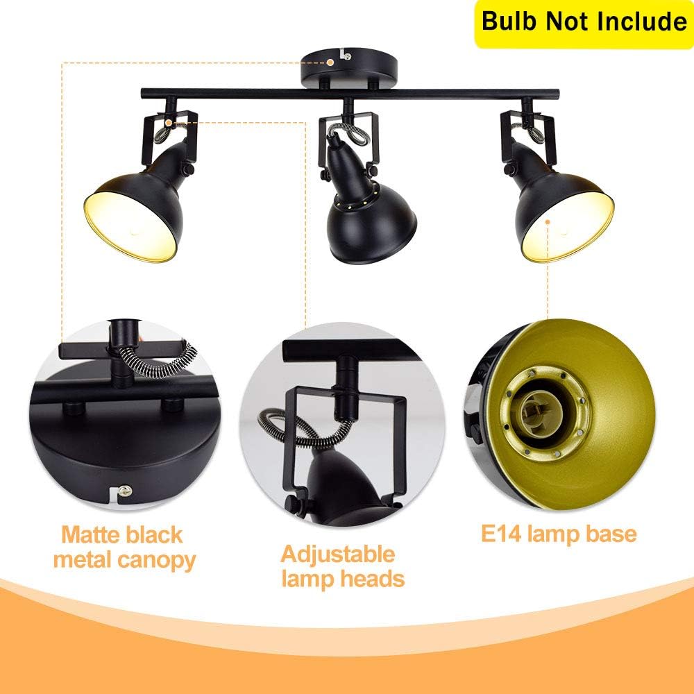 Depuley Retro 3 Way Swiveling Ceiling Spotlight, Kitchen Lights with 3 Trumpet-Shaped Shade, Black-Gold Metal Iron Cover - Image 3