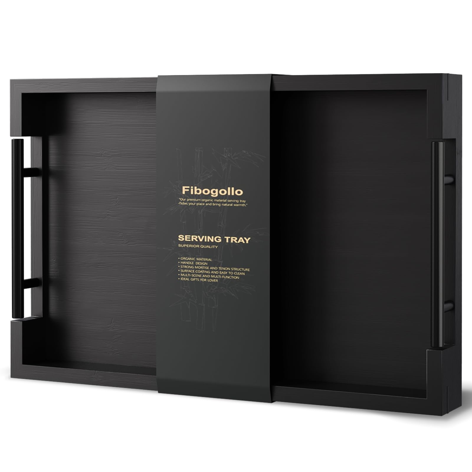 Fibogollo bamboo serving tray with black metal handles