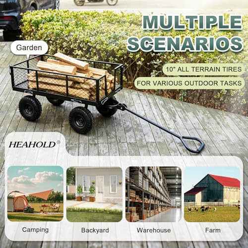 HEAHOLD Garden Wagon Cart Heavy Duty 880 LBS Steel Utility Cart with All-Terrains 3.50-4" Solid Wheels 10" Tires, 180° Rotating Handle, Removable Sides, Laser-Welded Frame & Multi-Surface