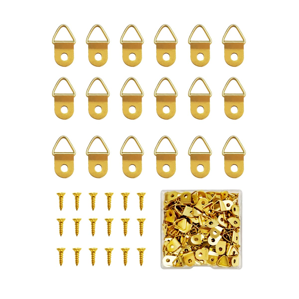 Photo 1 of 100 Pieces Small Triangle Ring Steel Picture Hangers with 100 Pieces Screws, Triangle Rings Picture Hangers, Small Single Hole D Hooks, Light Duty D Rings for Clock (Gold)