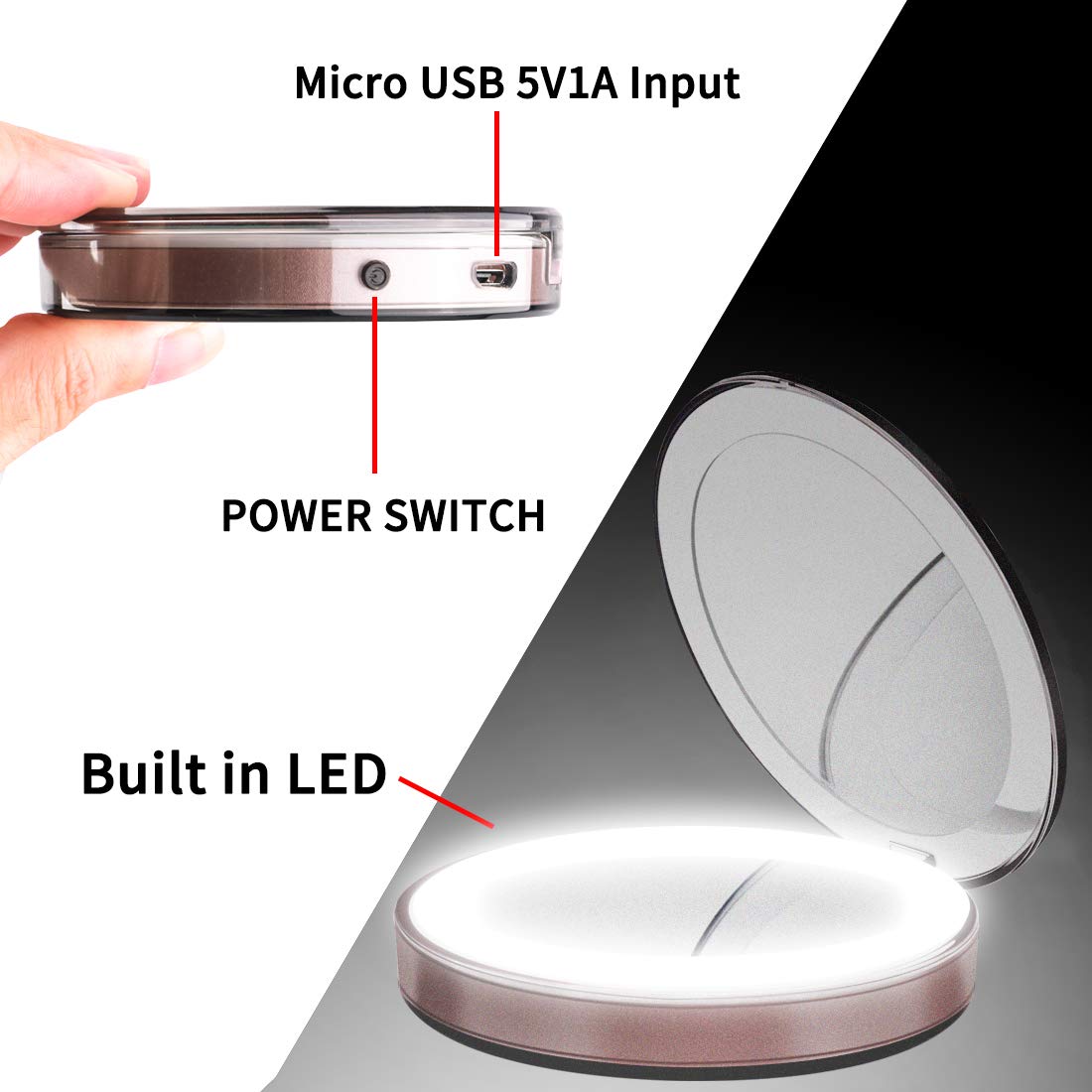Compact Mirror, 1X/3X LED Lighted Travel Folding Makeup Mirror - The Most Natural Magnifying Mirror with USB Charging for Beauty, Cosmetic and Travel