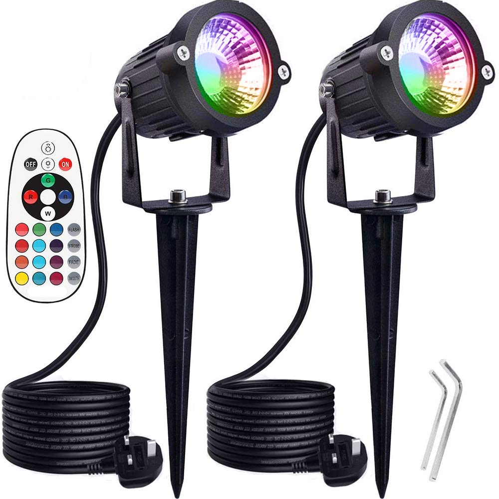 WeFoonLo Pack of 2, Outdoor LED Landscape Lights Waterproof Spotlight with Spike Stand and Plug for Driveway, Outdoor Lawn Lighting, Flood Garden, Yard (6W, RGB)
