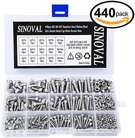 SINOVAL 440Pcs M3 M4 M5 Stainless Steel Button Head Hex Socket Head Cap Bolts Screws Nuts Assortment Kit
