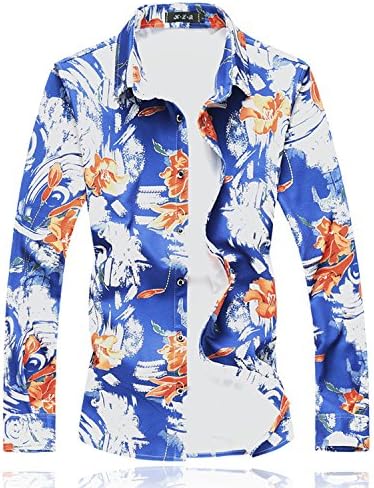 Mistere Men's Clothing Autumn New Stretch Large Size Long-Sleeved Printing Shirt M-7XL,Blue,4XL