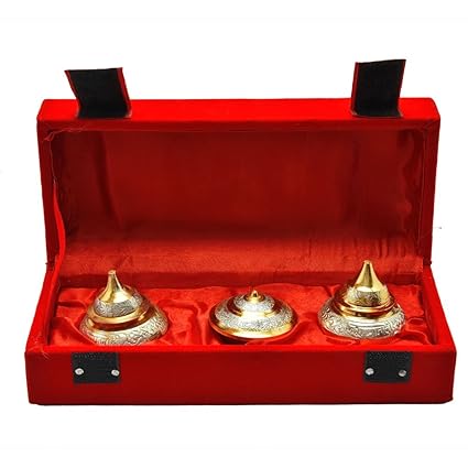 HHI Brass Kumkum Box Set (Silver_3.9 Inch X 9 Inch X 2.7 Inch)
