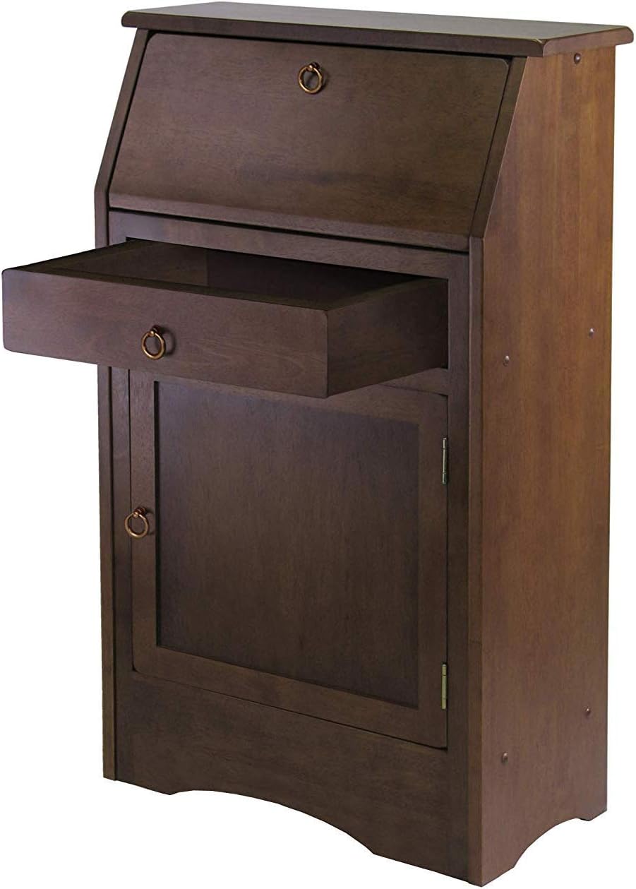 Small Secretary Desk - Roll Top Study Desk with Drawer and Storage Shelves - Walnut Finish