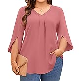 Aodemo Womens Plus Size Tops 3/4 Sleeve Dressy Chiffon Blouse Summer Work Tunic Casual Flowy Shirt M-5XL