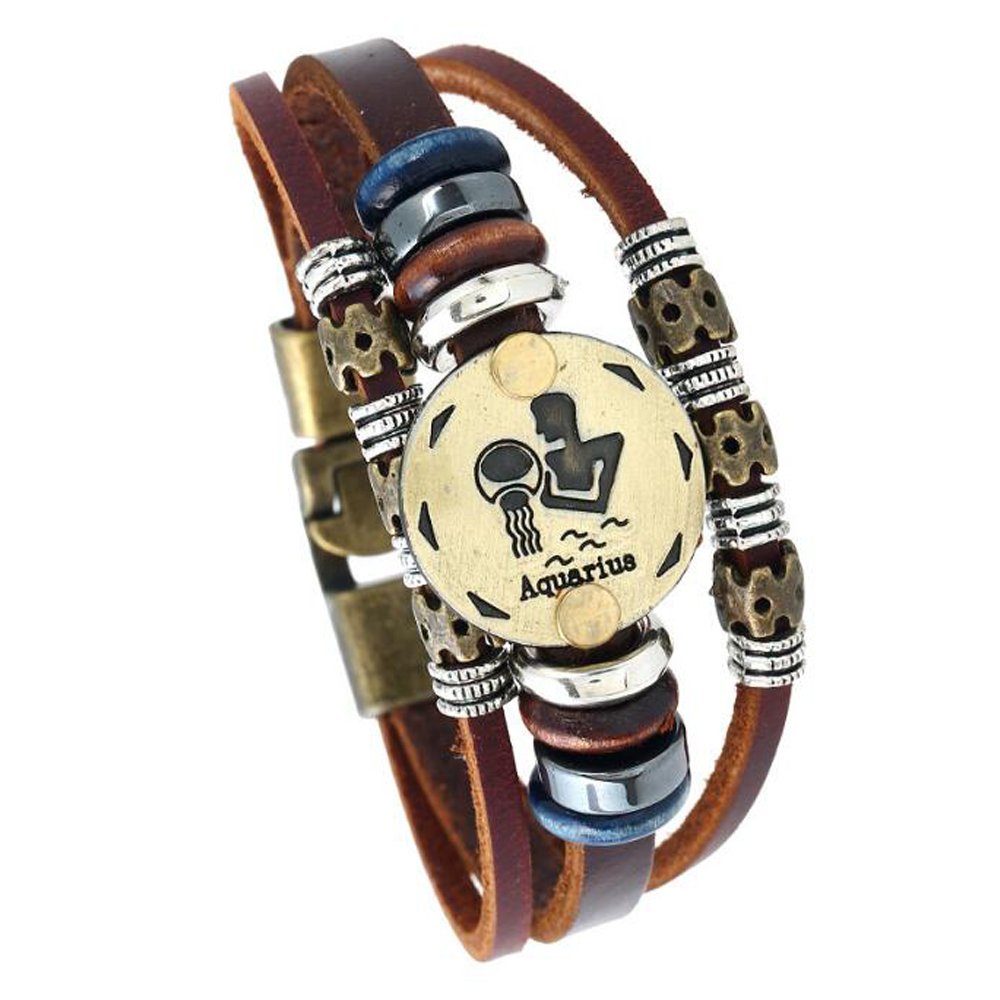 MeiPing zodiac constellation charms leather bracelet astrology, One Size, Leather โ image 1