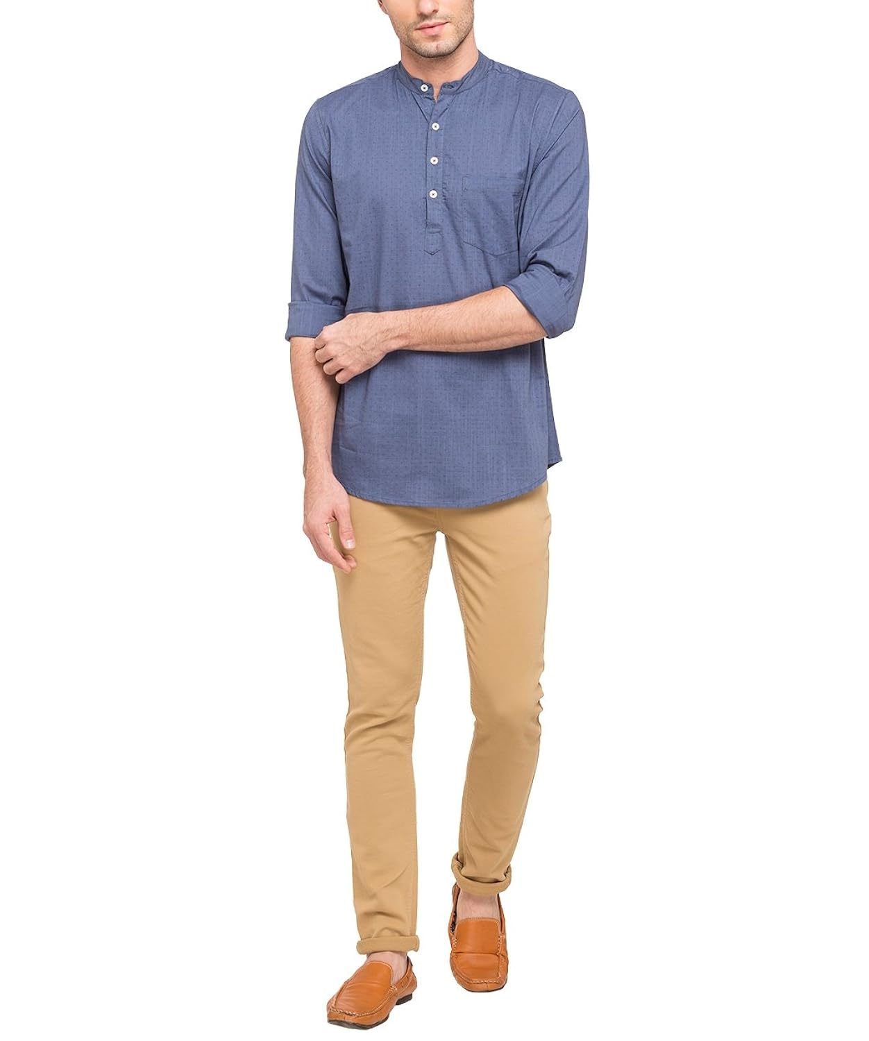 nick&jess mens ethnic wear : blue printed linen short kurta shirt