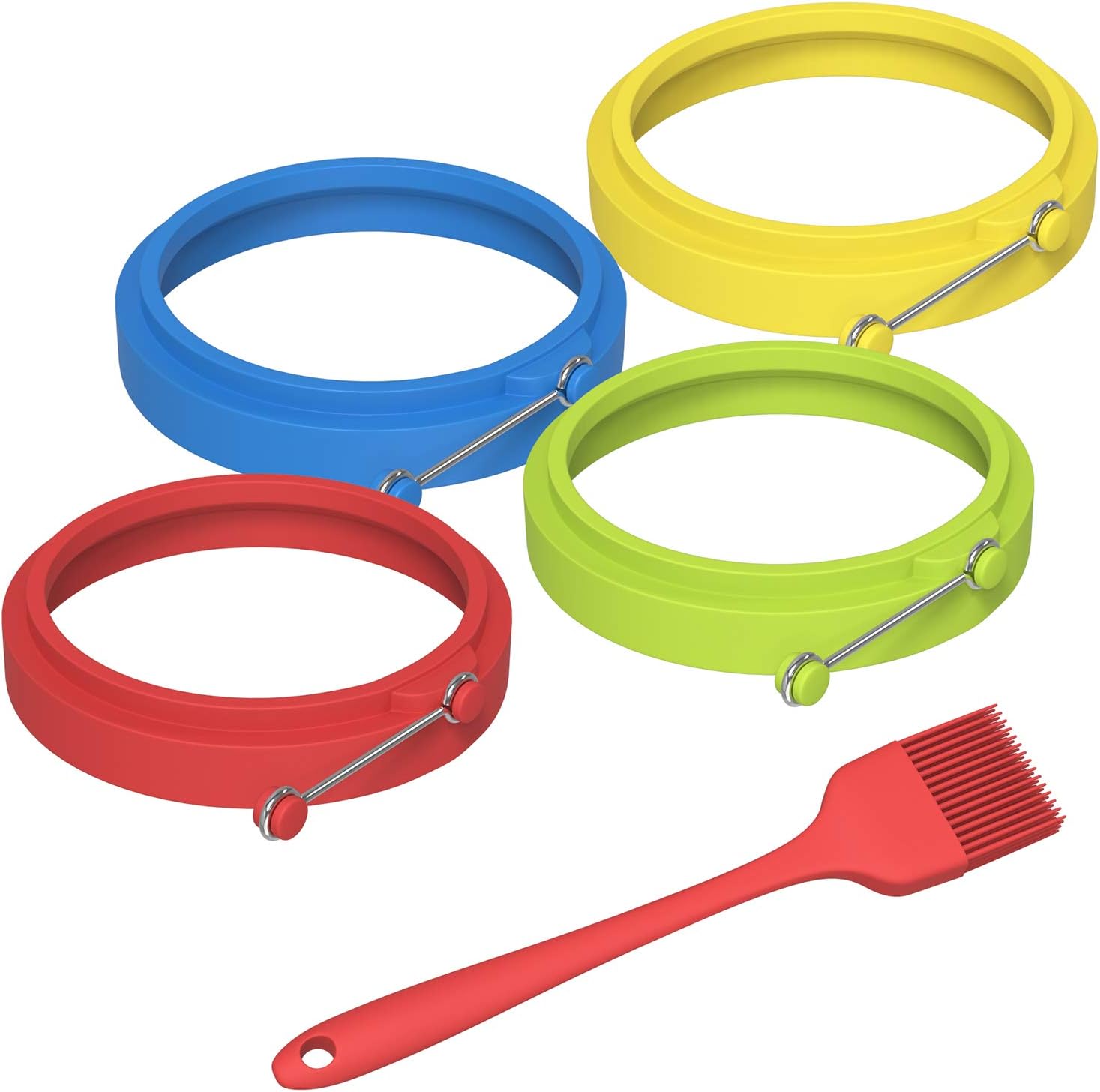 Silicone Egg Rings, Ouddy 4 Pack Non Stick Fried Egg Mold Pancake Rings, Round Egg Cooker Maker for Frying Eggs - 4 Color with 1 Free Brush