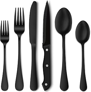 24-Piece Matte Black Silverware Set with Steak Knives, Stainless Steel Flatware Cutlery Set, Service for 4, Hand Wash Recommended