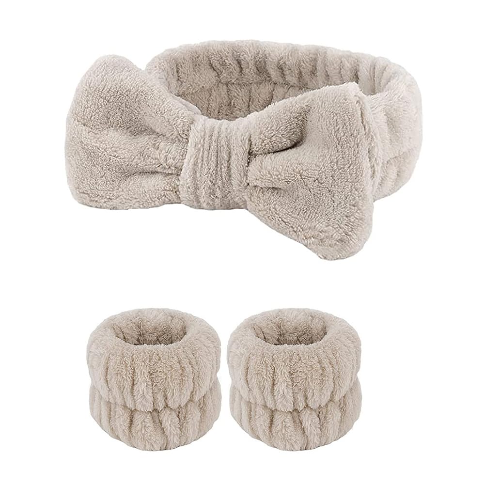 Bowknot Spa Headband and Wristband Set Washing Face Wrist Bands for Women Soft Fluffy Hairband for Makeup Hair Band and Wrist Band for Girls Head Band Skincare Elastic Headbands for Women's Hair 3Pcs