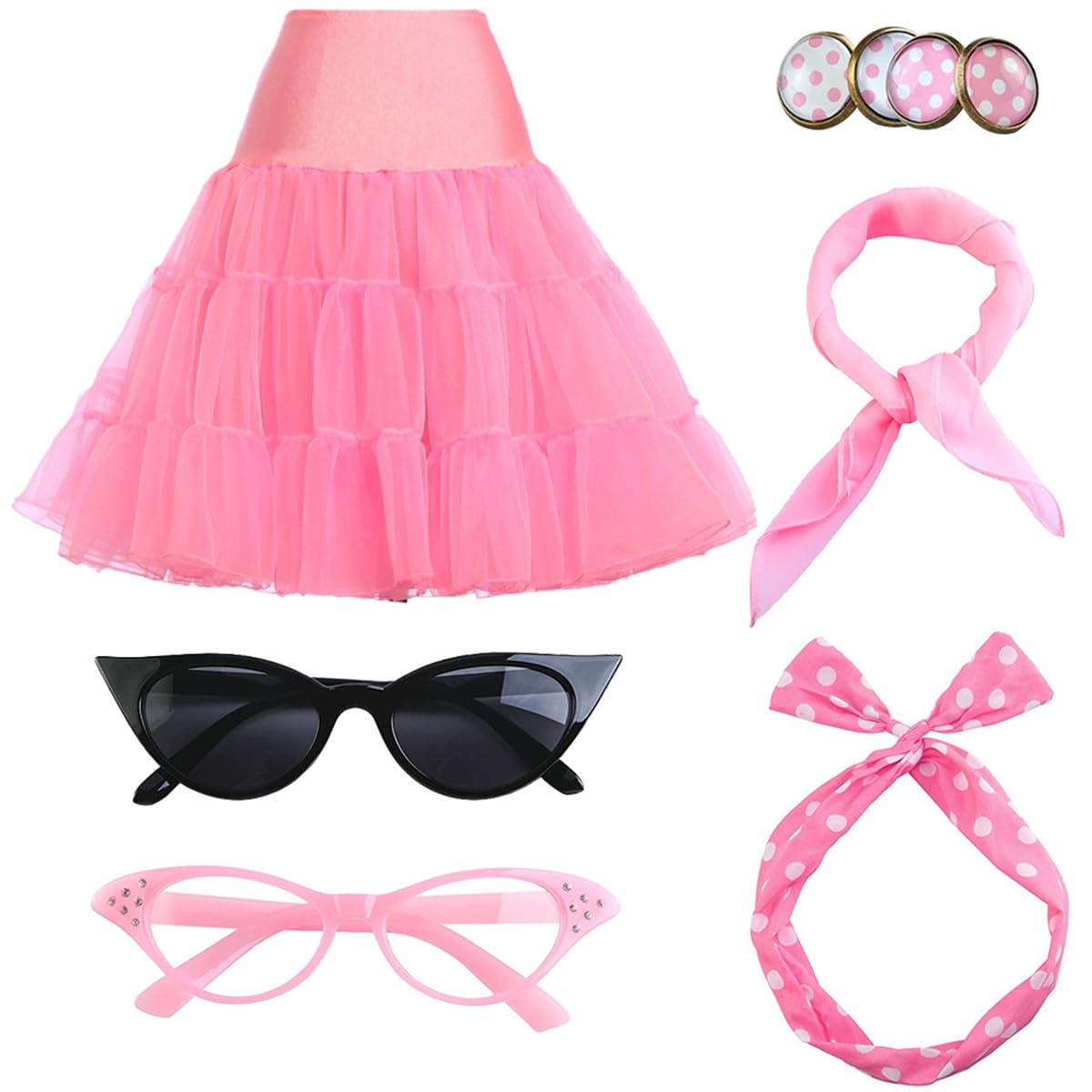 FAIRYRAIN 7 Pcs 1950's Women Halloween Costume Accessories Set,Retro Skirt Cat Eye Glasses Bandana Tie Headband Earrings — image 1