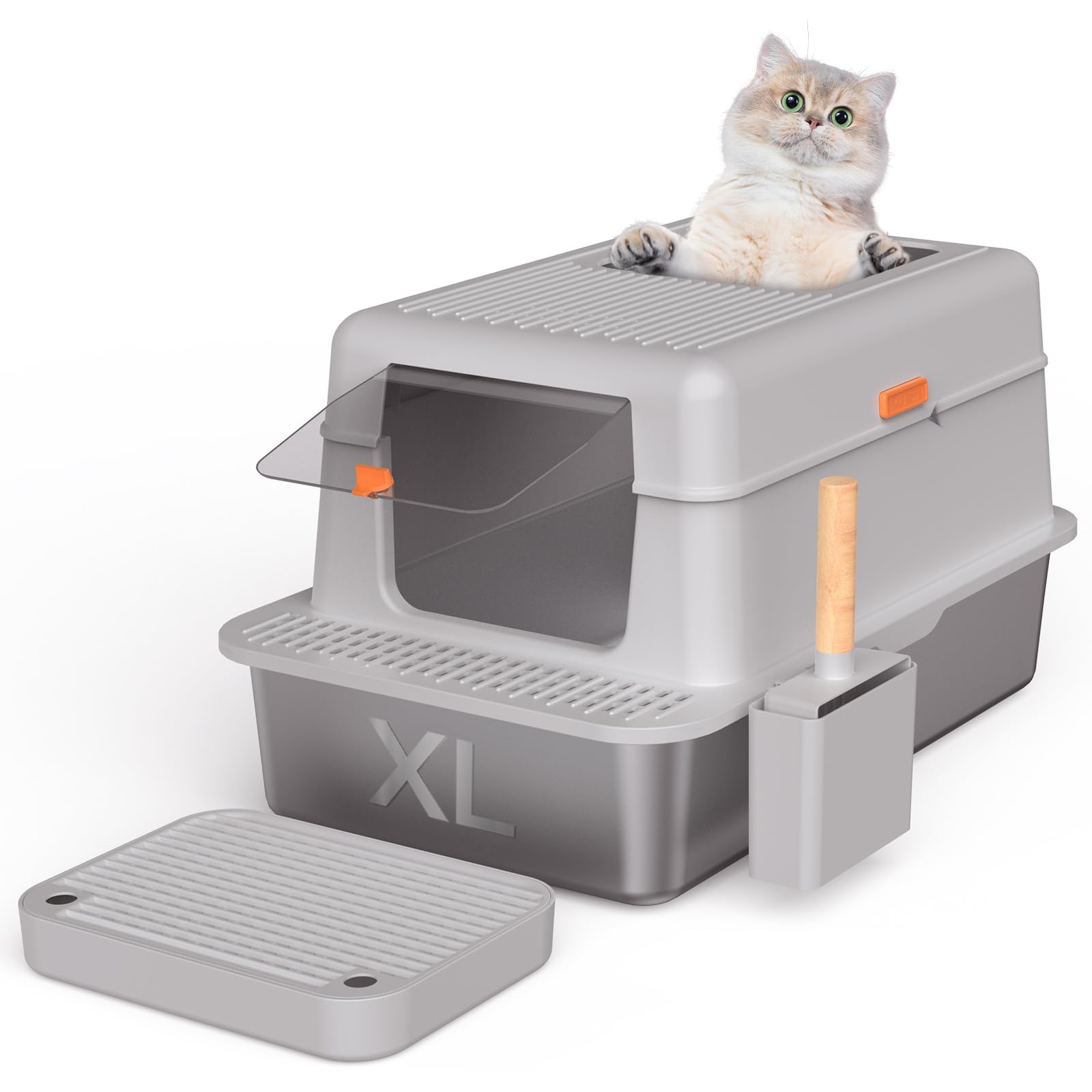 Photo 1 of Stainless Steel Litter Box With Lid, Extra Large Cat Litter Box XL,Top Entry & High Sided & Enclosed Litter Box with Scoop and Filter Pedal for Kitty, Big Cats, Anti-Leakage, Easy Cleaning, Non-Sticky