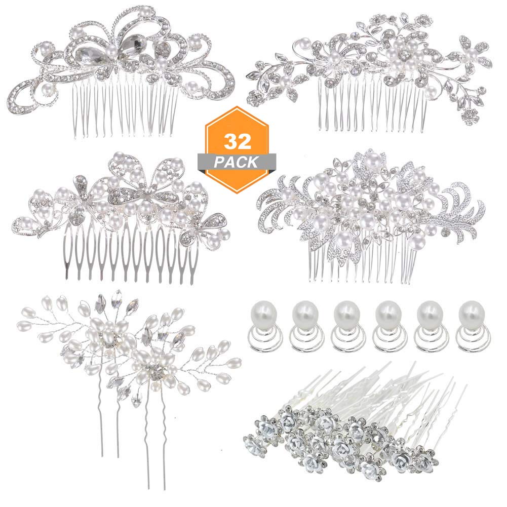 inSowni 4pcs Wedding Hair Side Combs+28pcs U-shaped & Twist Bridal Hair Pins Rhinestone Pearls for Women Girls Bridesmaids