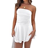 Women Sexy Tube Top Silk Dress Strapless Ruched Basque Waist Ruffle Layer Mini Dress Jumpsuit Party Dresses