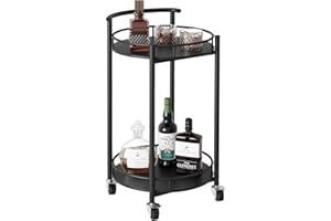 Azheruol Bar Cart Black Rolling Cart for Home,2 Tiers Bar Serving Cart Round Wine Cart with Handle, Metal Wine Rack and Casters, Serving Bar Trolley for Home Kitchen,Living Room,Christmas,New Year