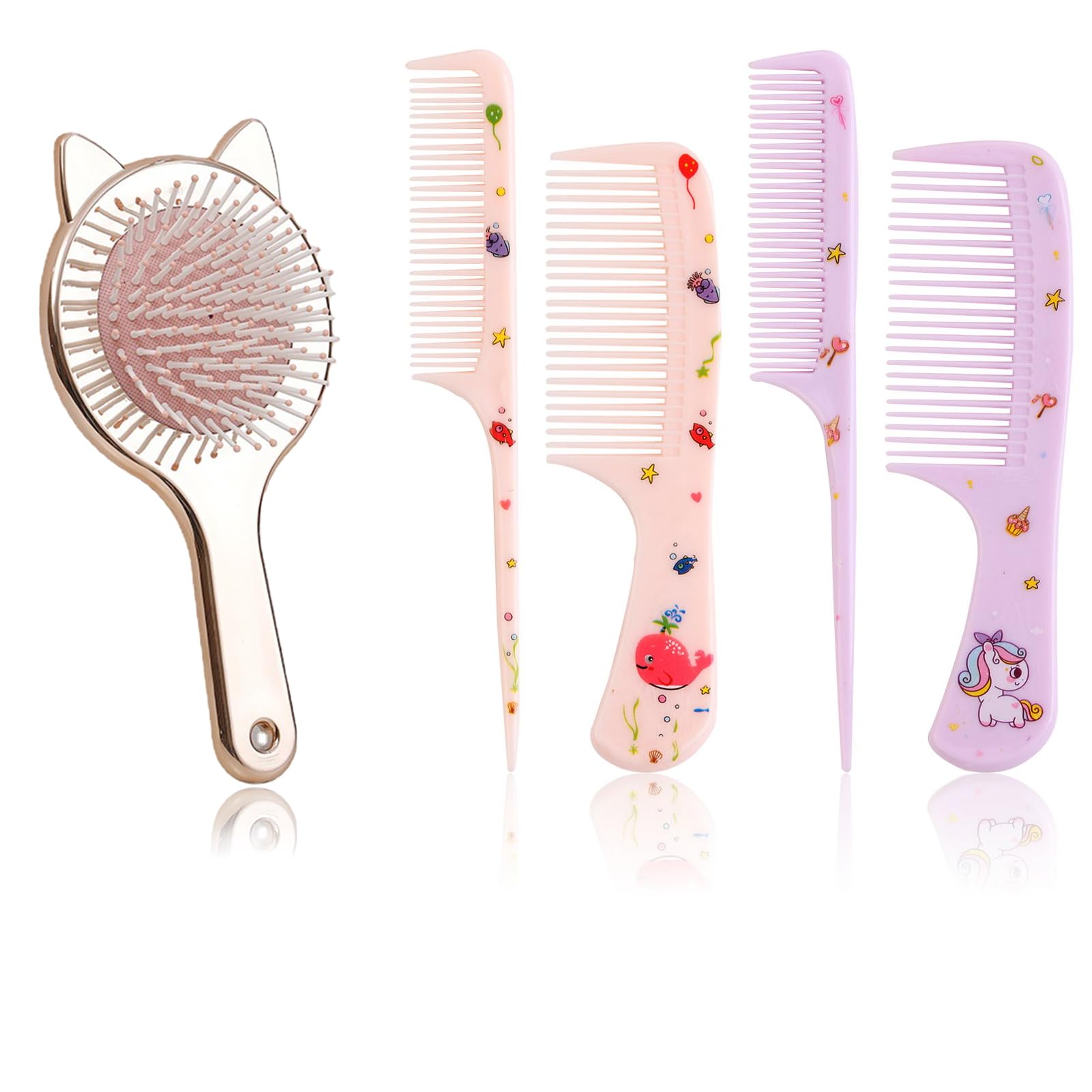 5 Pcs Girls Hair Brush Set - Detangle Toddler Brushes, 4 Pcs Styling Combs, Cute Wide Tooth Pocket Comb, Mini Massage Curl Brush for Baby Kids Straight Long Hair, Wet or Dry