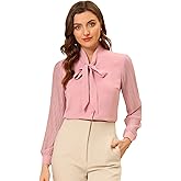 Allegra K Work Blouse for Women's Self Tie Neck Chiffon Button Up Long Sleeve Shirt