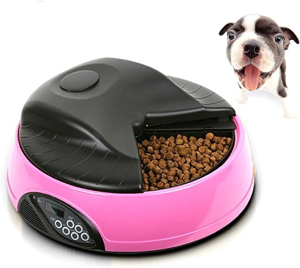 Automatic Pet Feeder for Dogs & Cats, 4 Meal Trays for Dry and Wet Food, Auto Pet Food Dispenser Programmed with Timer and Voice Recording Function, Pink