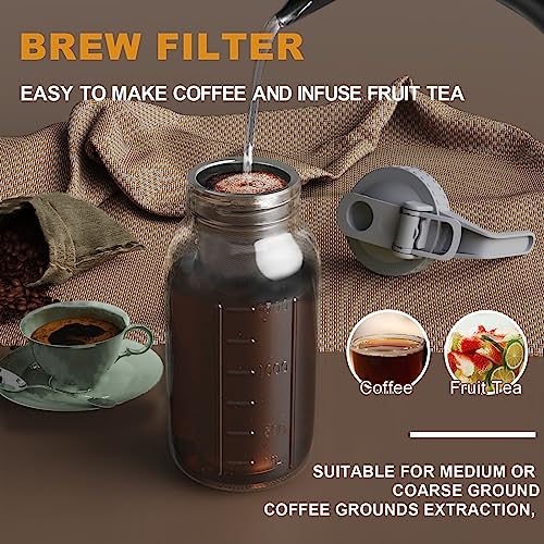 JunVpic Cold Brew Coffee Maker Jar - 64oz Wide Mouth,LeakProof,Heavy Duty Glass Mason Pitcher with Spout Lid,Handle & Stainless Steel Filter for Iced Coffee,Lemonade,Ice Tea & Fruit Drinks